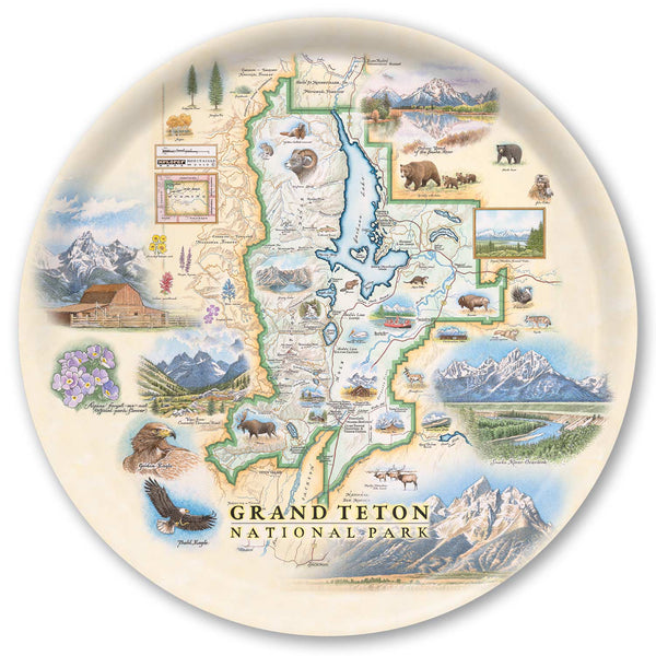Round Serving Tray Map of Grand Teton National Park on a decorative plate with scenic illustrations.