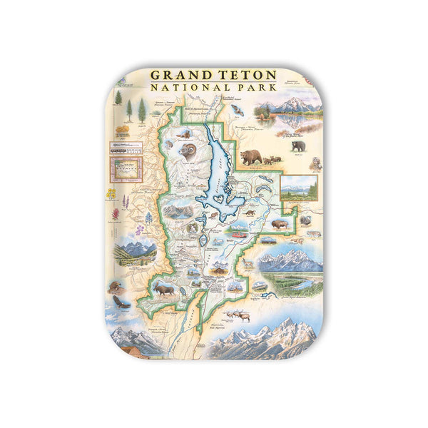 Medium Serving Tray  Map of Grand Teton National Park with illustrations on a white background