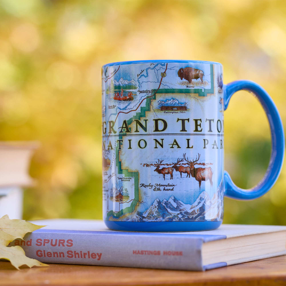 Mug with Grand Teton National Park design on a book against a blurred natural background