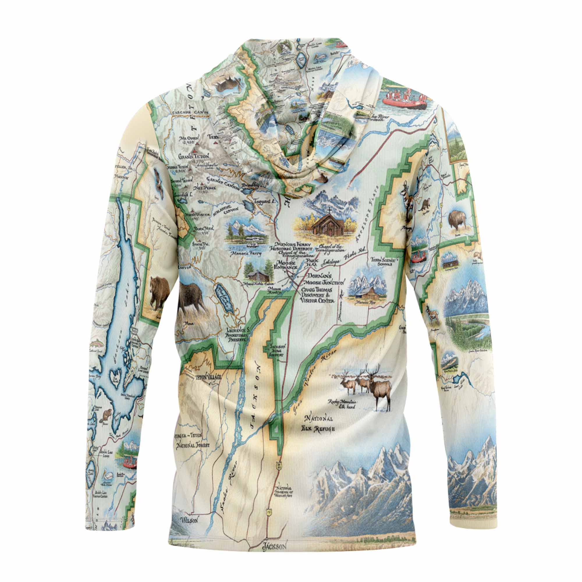 Hoodie with a detailed map design on a white background
