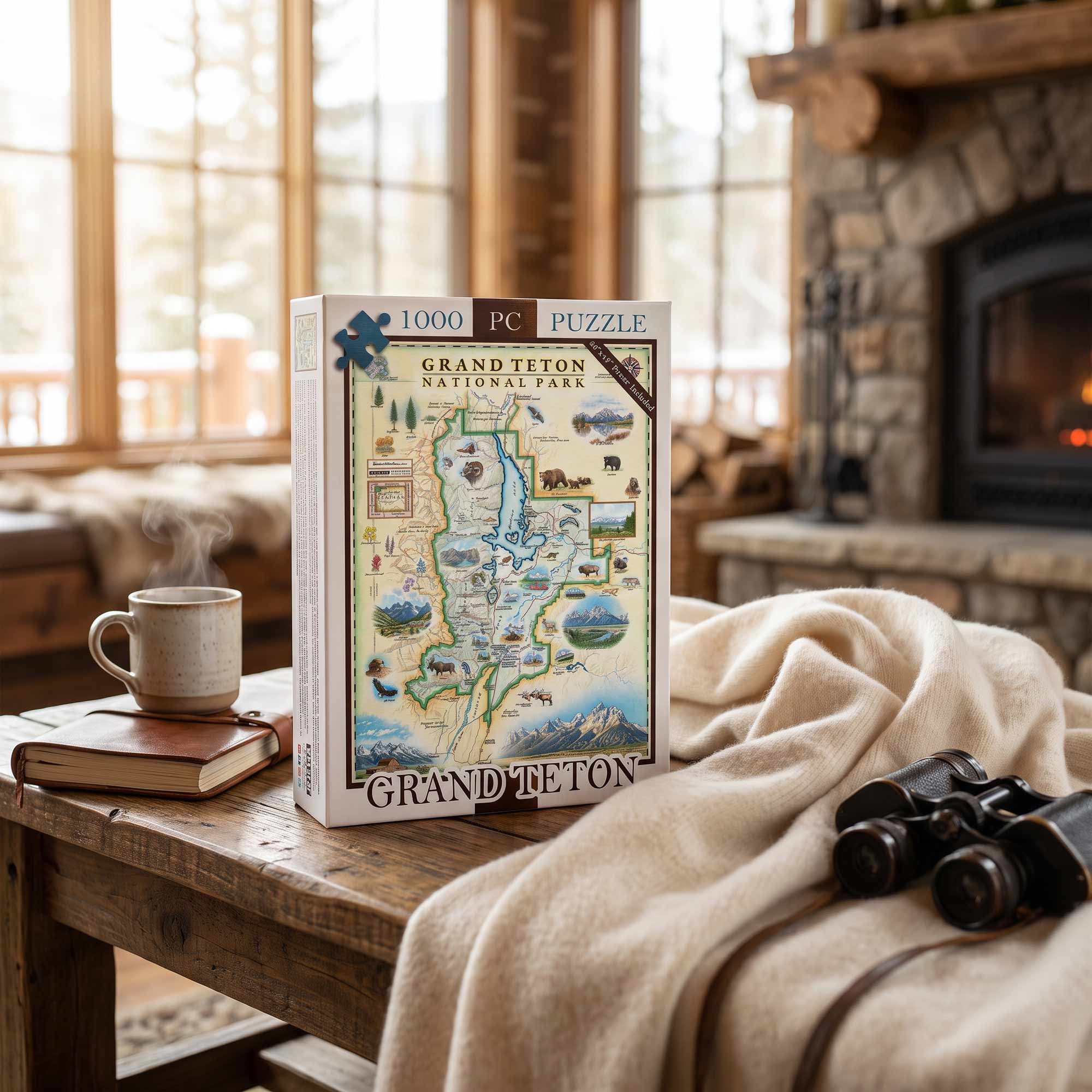 A 1000-piece jigsaw puzzle box featuring a illustrated map of Grand Teton National Park stands on a rustic wooden table in a cozy living room setting. The scene includes a steaming mug on a book, a cream throw blanket, and black binoculars in the foreground, with a stone fireplace and large windows in the background.