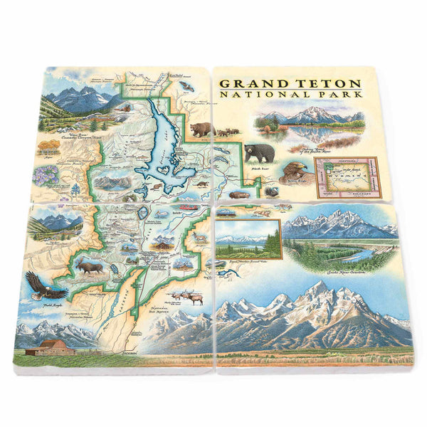 Image: Grand Teton stone coasters capturing the beauty of iconic attractions such as the towering peaks, pristine lakes, and abundant wildlife including grizzly bears, elk, moose, and bald eagles, amidst the breathtaking flora of alpine meadows and coniferous forests.