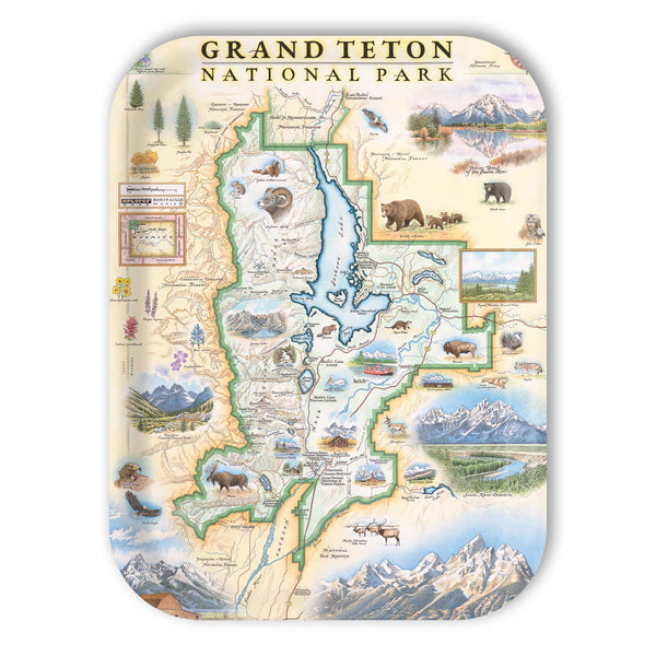 Large Serving Tray Map of Grand Teton National Park with illustrations and text on a white background