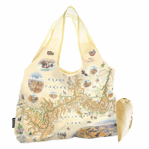 Arizona's Grand Canyon National Park Pouch Tote Bags by Xplorer Maps. Features illustrations of activities like whitewater rafting and mule riding, along tortoise, California Condor, and Beavertail Cactus.