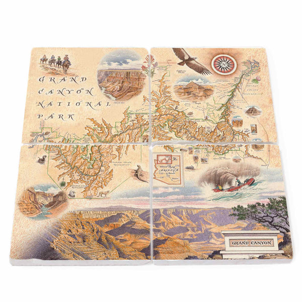 Image: Grand Canyon stone coasters featuring popular attractions such as donkey rides, the South Rim, North Rim, and Colorado River, alongside the stunning flora and fauna of the region including ponderosa pines, prickly pear cacti, bighorn sheep, condors, and mule deer.