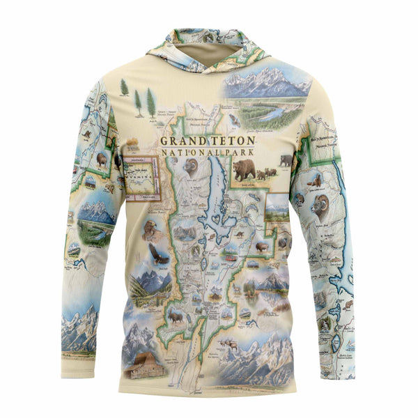 Hoodie with Grand Teton National Park map design on a white background