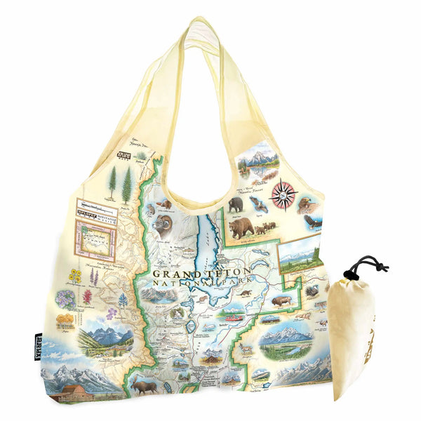 Grand Teton National Park Map Pouch Tote Bags by Xplorer Maps. Map illustrations include flora and fauna of the area, such as grizzly bears, moose, coyote, lupine, and longleaf phlox. Illustrations of places include snake river overlook, jenny lake, and Colter Bay Village.