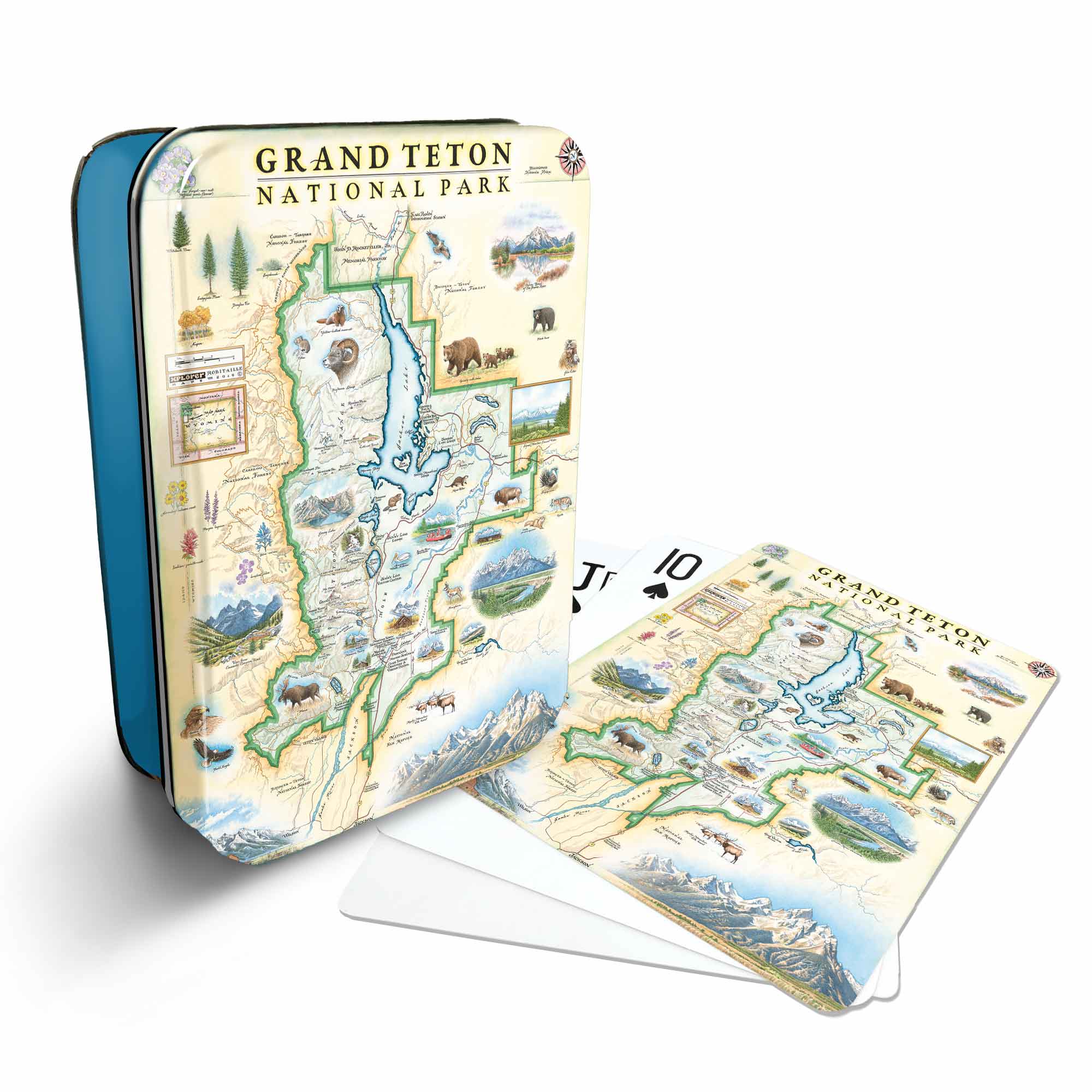 Grand Teton National Park Map Playing cards that features iconic attractions, flora and fauna of that area - Blue Metal Tin