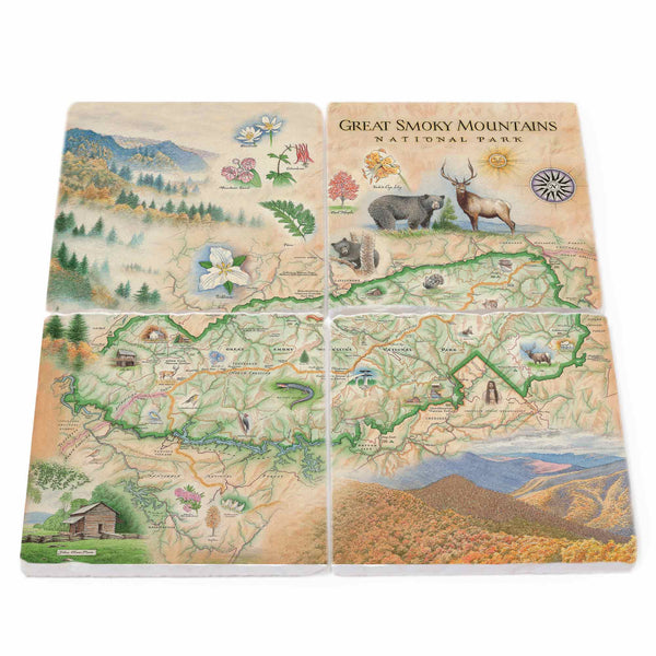 Image: Great Smoky Mountains National Park stone coasters featuring popular attractions like Clingmans Dome, Cades Cove, and Laurel Falls, amidst the diverse flora including ferns, columbines, and red maple trees, alongside abundant fauna such as black bears, white-tailed deer, and wild turkeys.