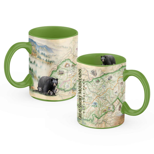 Green Great Smoky Mountains National Park 16 oz Ceramic Coffee Mug. Featuring black bear, elk, mountain lion, turkey, and Clingmans Dome.