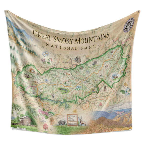 Blanket with map of Great Smokies National Park. Stunning map with full color and all the details.