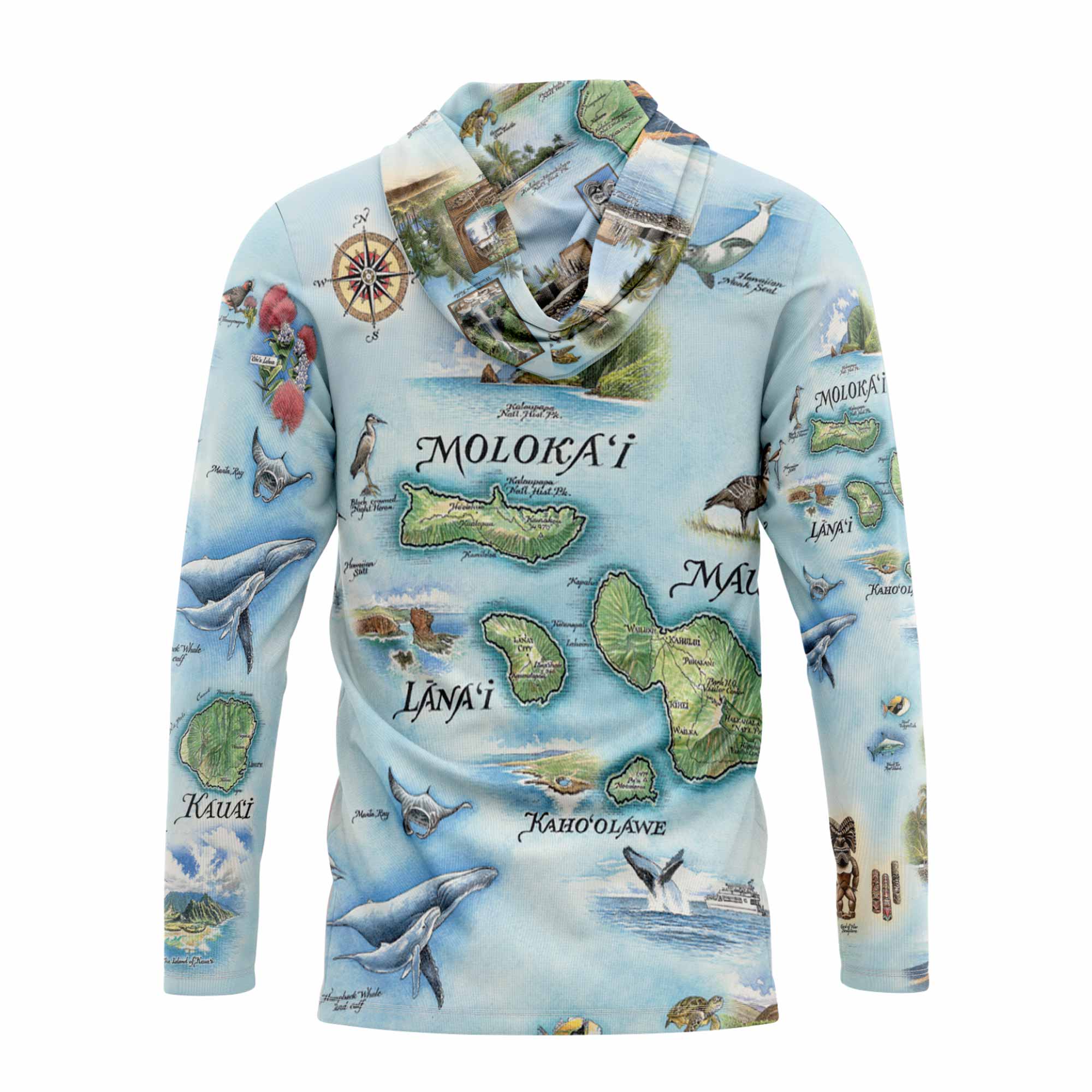 Hawaii sun shirt hoodie Hoodie with a map design of Molokai, Lanai, and Maui on a light blue background.