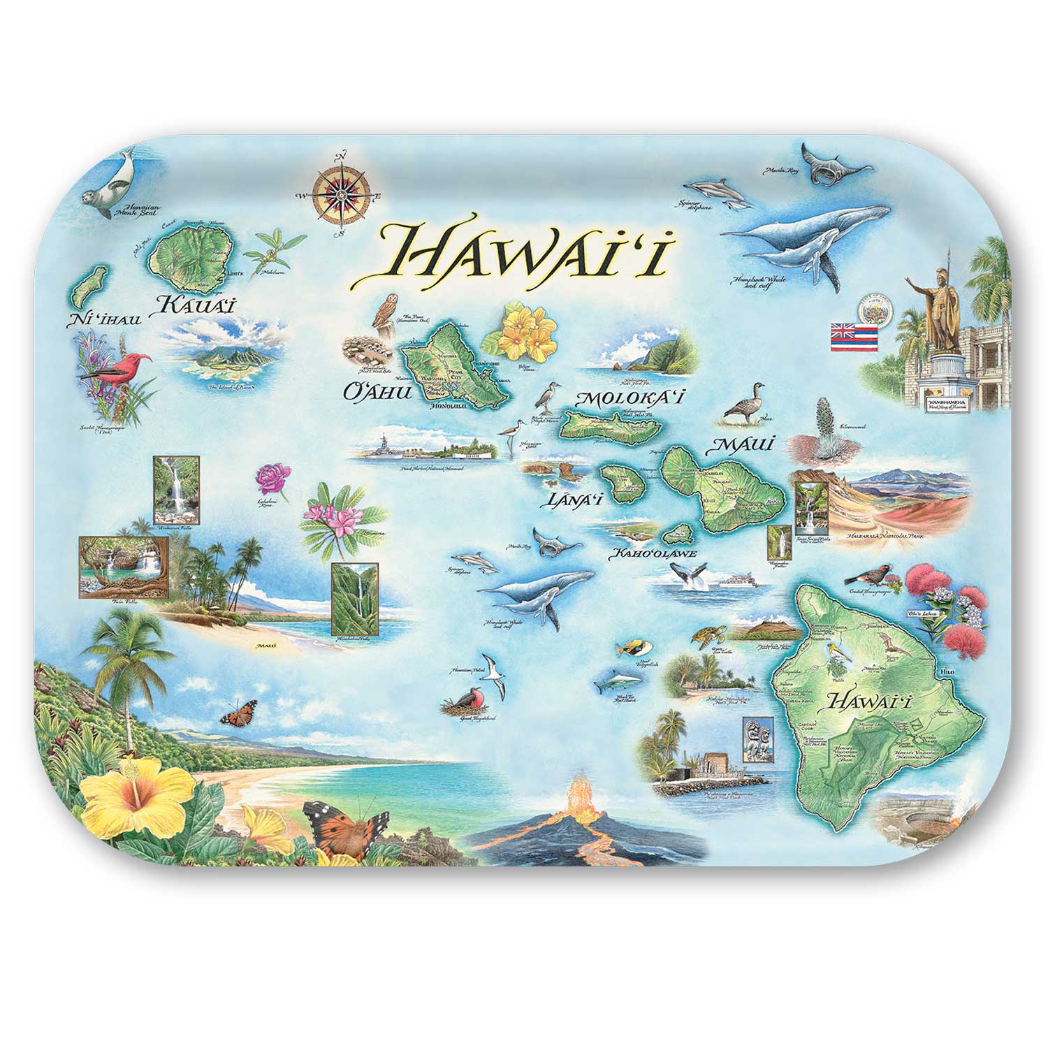 Decorative tray with a map of Hawaii featuring various icons and illustrations on a white background.