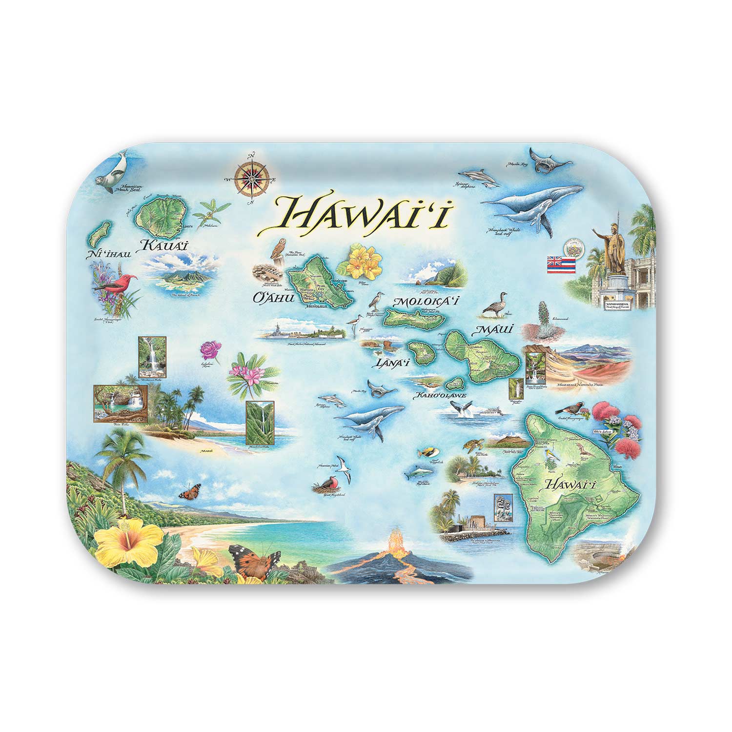 Decorative tray with a map of Hawaii featuring various icons and scenic illustrations on a light blue background.