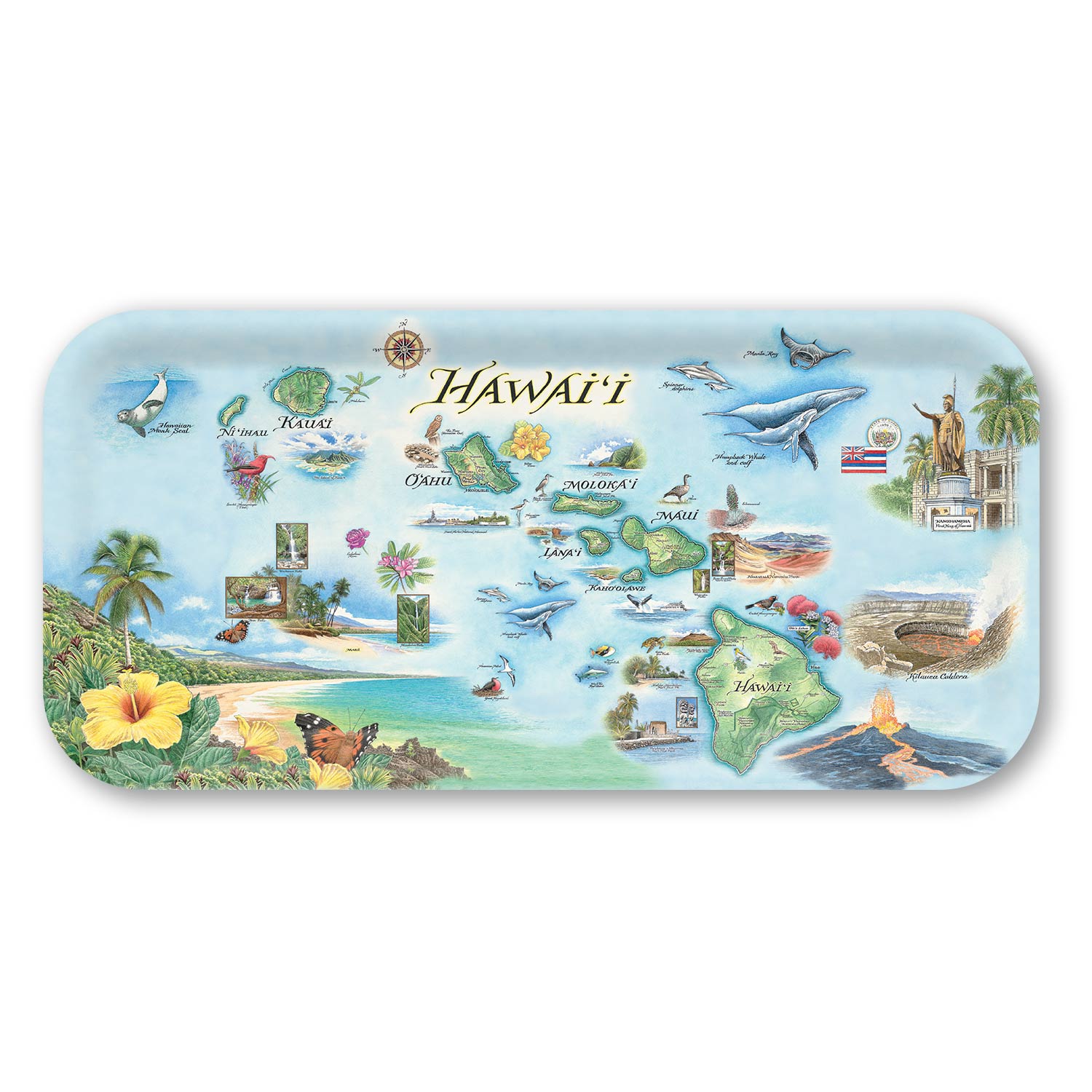 Map of Hawaii with various icons and scenic illustrations on a blue background