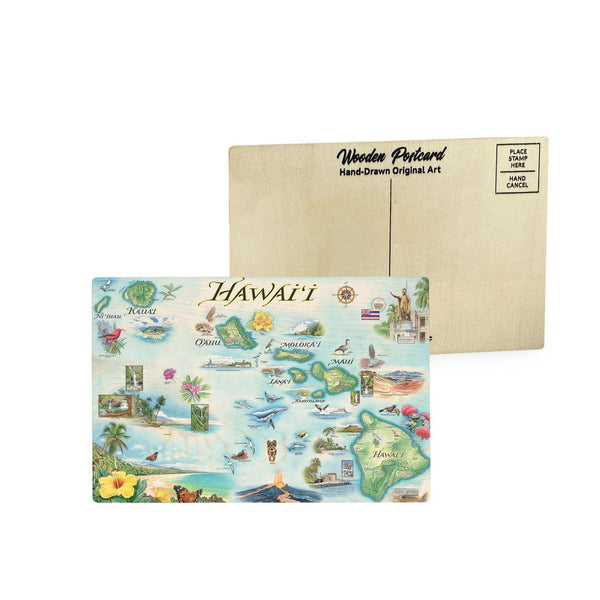 Hawai‘i state map wooden postcard in earth tone blues and greens featuring hand-drawn illustrations of the Hawaiian Islands, iconic landmarks, and native wildlife like humpback whales and honu sea turtles.