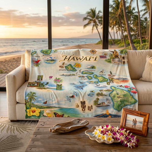 Hawaiian-themed blanket on a couch with a beach view in the background
