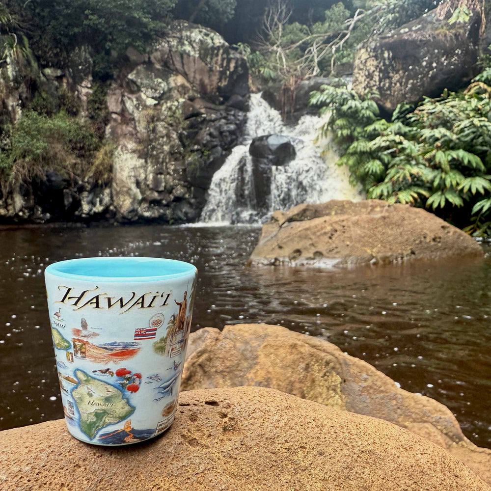 Cup with Hawaii design on a rock in front of a waterfall