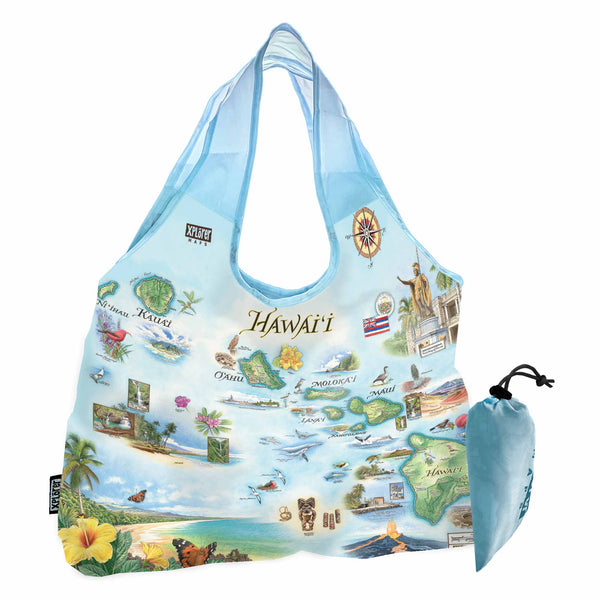 Hawai'i Islands Map Pouch Tote Bags by Xplorer Maps. Features the islands of Hawai'i, Maui, Kaho'olawe, Lanai, Molokai, Oahu, Kauai, and Ni'ihau. Flora and fauna of islands include the Scarlet Honeycreeper, Lokelani Rose, and green sea turtles. Other illustrations include a statue of King Kamehameha, the Pearl Harbor National Memorial, and Mauna Loa erupting.