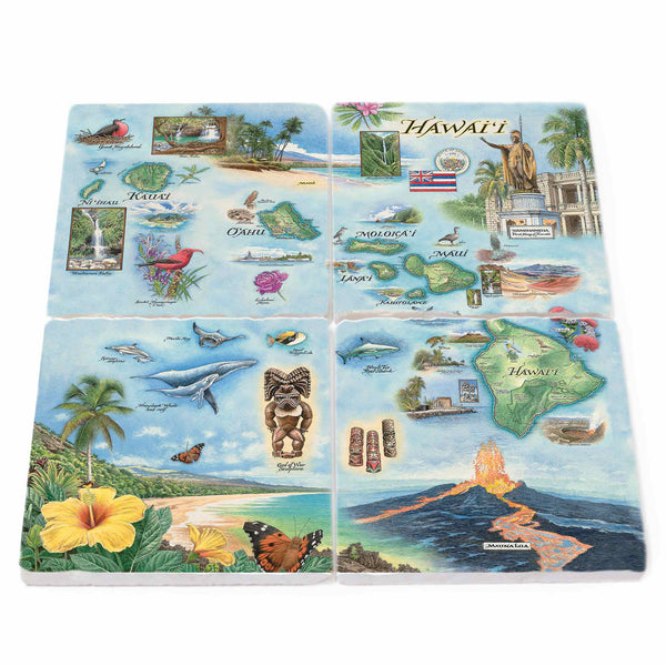 Image: Hawaii Islands stone coasters featuring popular attractions like Mauna Loa, Waikamoi Falls, Kamehameha statue, Haleakalā National Park, Volcanoes National Park, and Hanauma Bay, amidst the lush flora including tropical flowers, coconut palms, and bamboo forests, alongside diverse fauna such as humpback whales, reef sharks, spinner dolphins, and colorful tropical birds