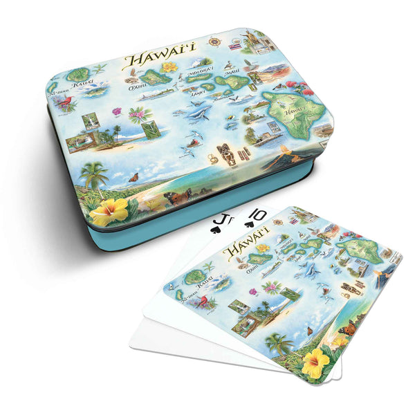 Hawai'i Map Playing cards that features iconic attractions, flora and fauna of that area - Blue Metal Tin