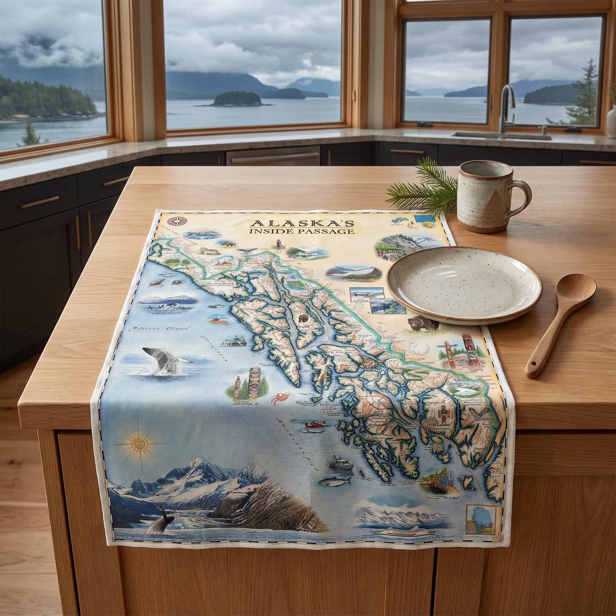 A printed Alaska interior landscape table runner or placemat laid across a wooden kitchen island, with a ceramic mug, plate, and wooden spoon nearby and large windows showing a mountain lake view in the background.