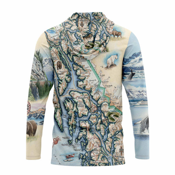 Alaska Inside Passage Sun Shirt Hoodie with a detailed map design on a white background