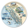 Large Round Serving Tray Map of Alaska's Inside Passage on a decorative plate with scenic illustrations.