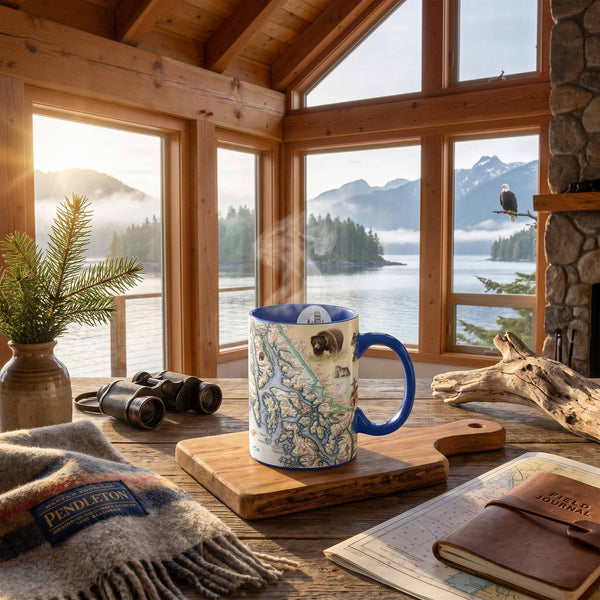 A ceramic mug with a blue handle and rim, decorated with a scenic map of Glacier National Park, sits on a wooden cutting board in a rustic cabin setting with a mountain lake view outside.
