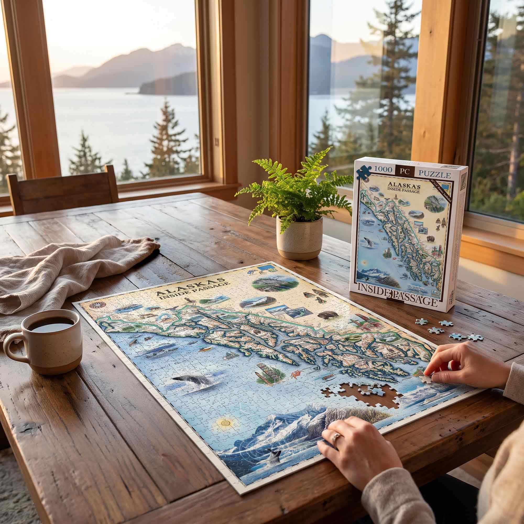 A person is assembling a detailed Alaska map jigsaw puzzle on a rustic wooden table, with the puzzle box standing nearby. The scene is set in a cozy room with large windows overlooking a scenic lake and mountains, with a mug, plant, and blanket on the table.