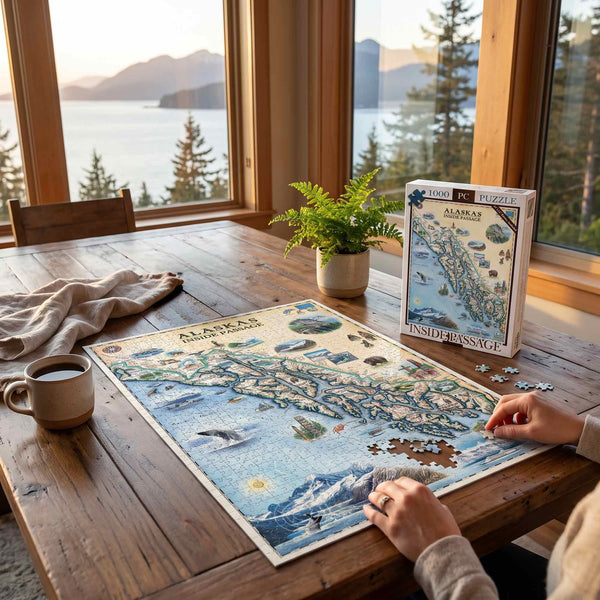 A person is assembling a detailed Alaska map jigsaw puzzle on a rustic wooden table, with the puzzle box standing nearby. The scene is set in a cozy room with large windows overlooking a scenic lake and mountains, with a mug, plant, and blanket on the table.
