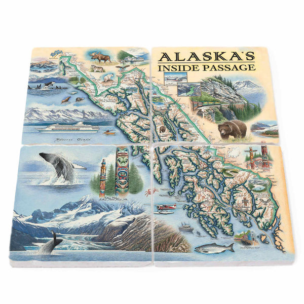 Image: Inside Passage stone coasters featuring popular attractions like Glacier Bay National Park, Tongass National Forest, Sitka National Park, totem poles, and Tracy Arm Fjord, amidst the diverse flora including Sitka spruce, western hemlock, and coastal rainforests, alongside abundant fauna such as orcas, humpback whales, bald eagles, moose, grizzly bears, wolves, mountain sheep, and harbor seals.