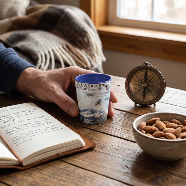A hand holds a ceramic mug with an Alaska landscape print and blue rim, set on a rustic wooden table beside an open notebook, a vintage-style compass, and a bowl of almonds.