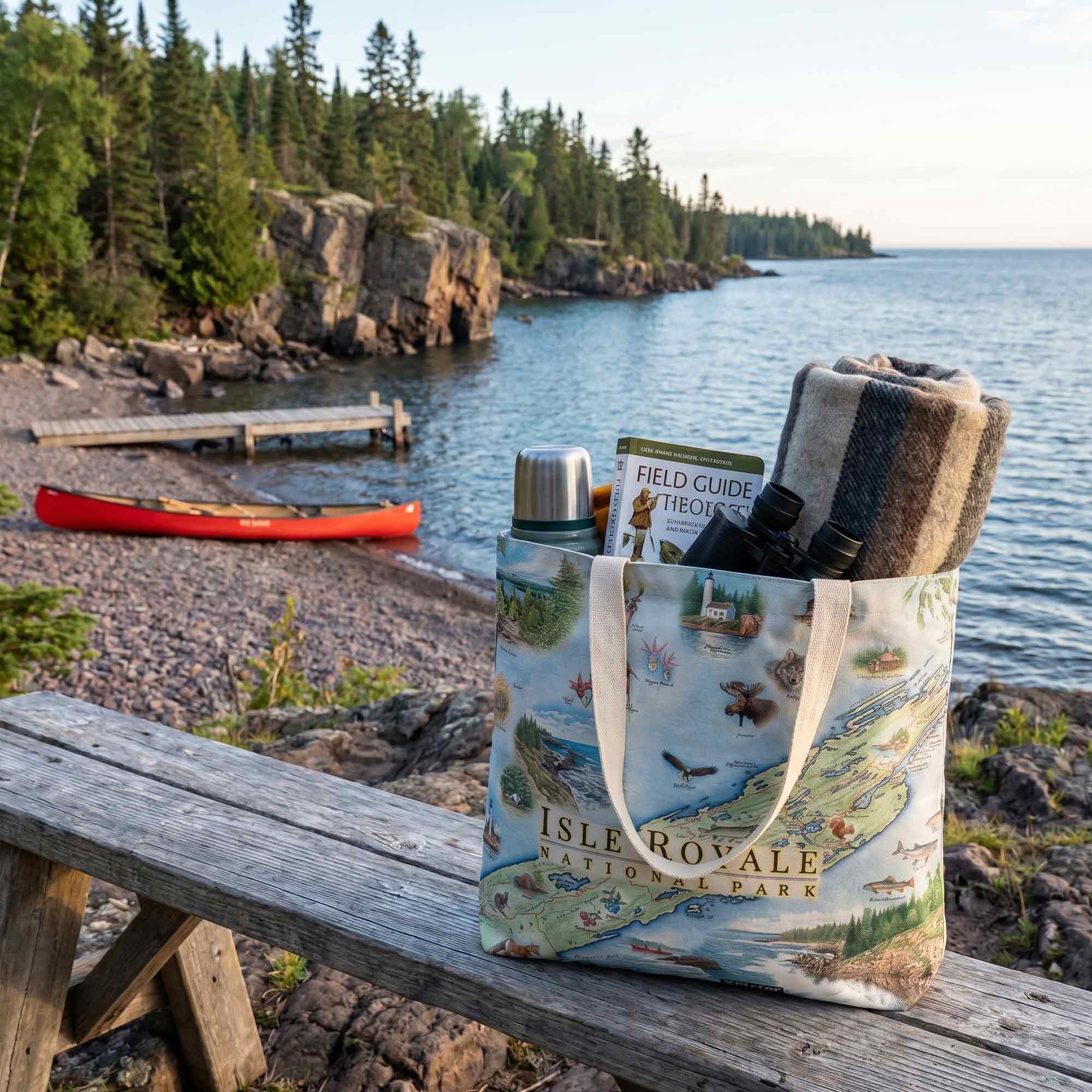 Tote bag with nature-themed design on a wooden bench by a lake with a red canoe and rocky shoreline.