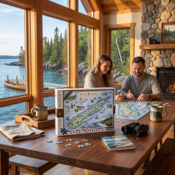 A couple sits at a wooden table in a cozy cabin with large windows overlooking water, playing with a completed and boxed Isle Royale puzzle. The table also holds mugs, binoculars, and a folded towel.