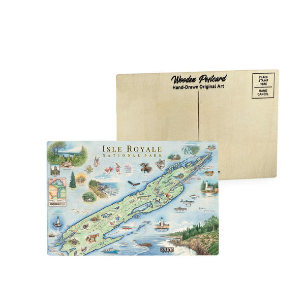 Isle Royale map wooden postcard in earth tone blues and greens featuring hand-drawn illustrations of National Park landmarks, wildlife like moose and loons, and Lake Superior scenery.