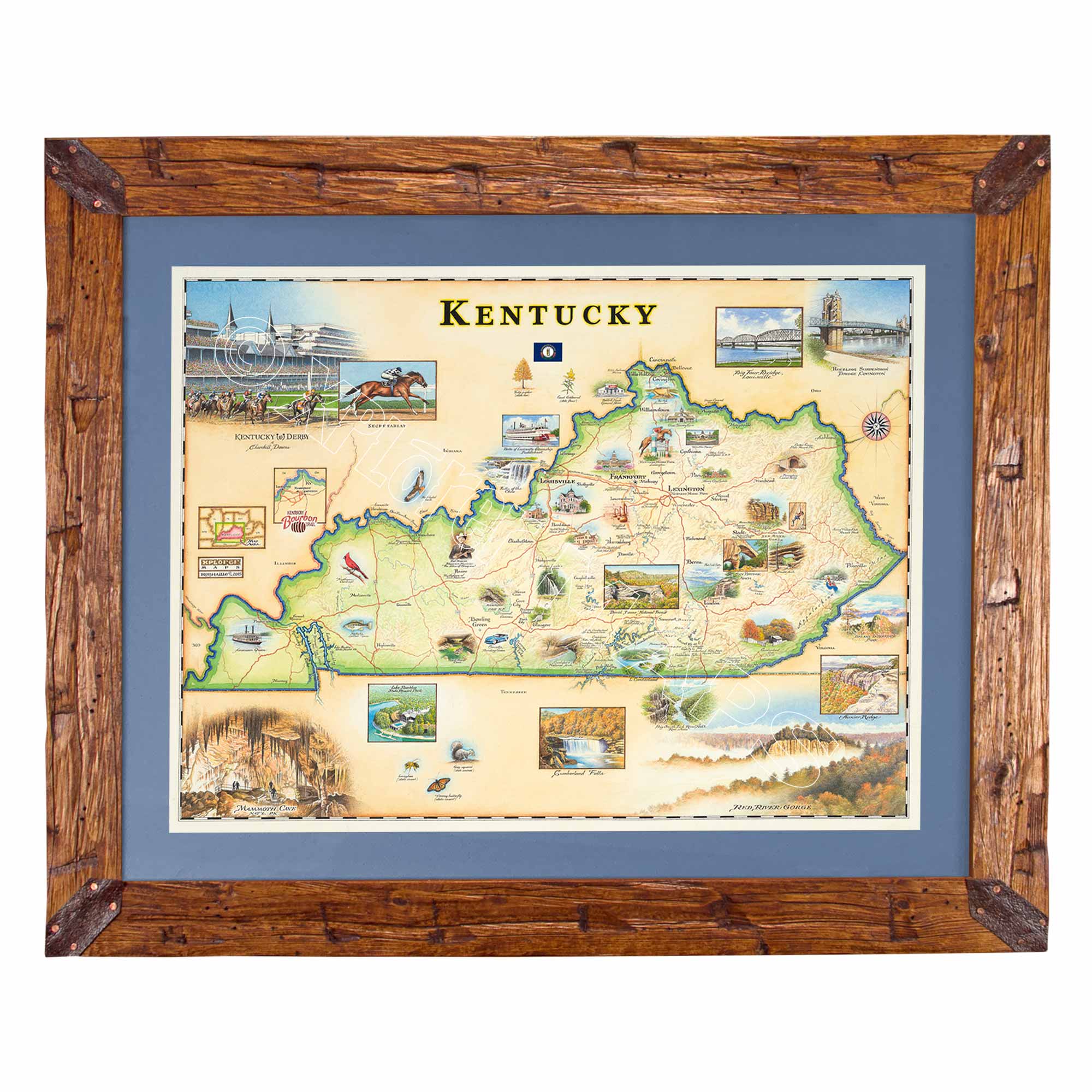 Framed map of Kentucky with wooden frame
