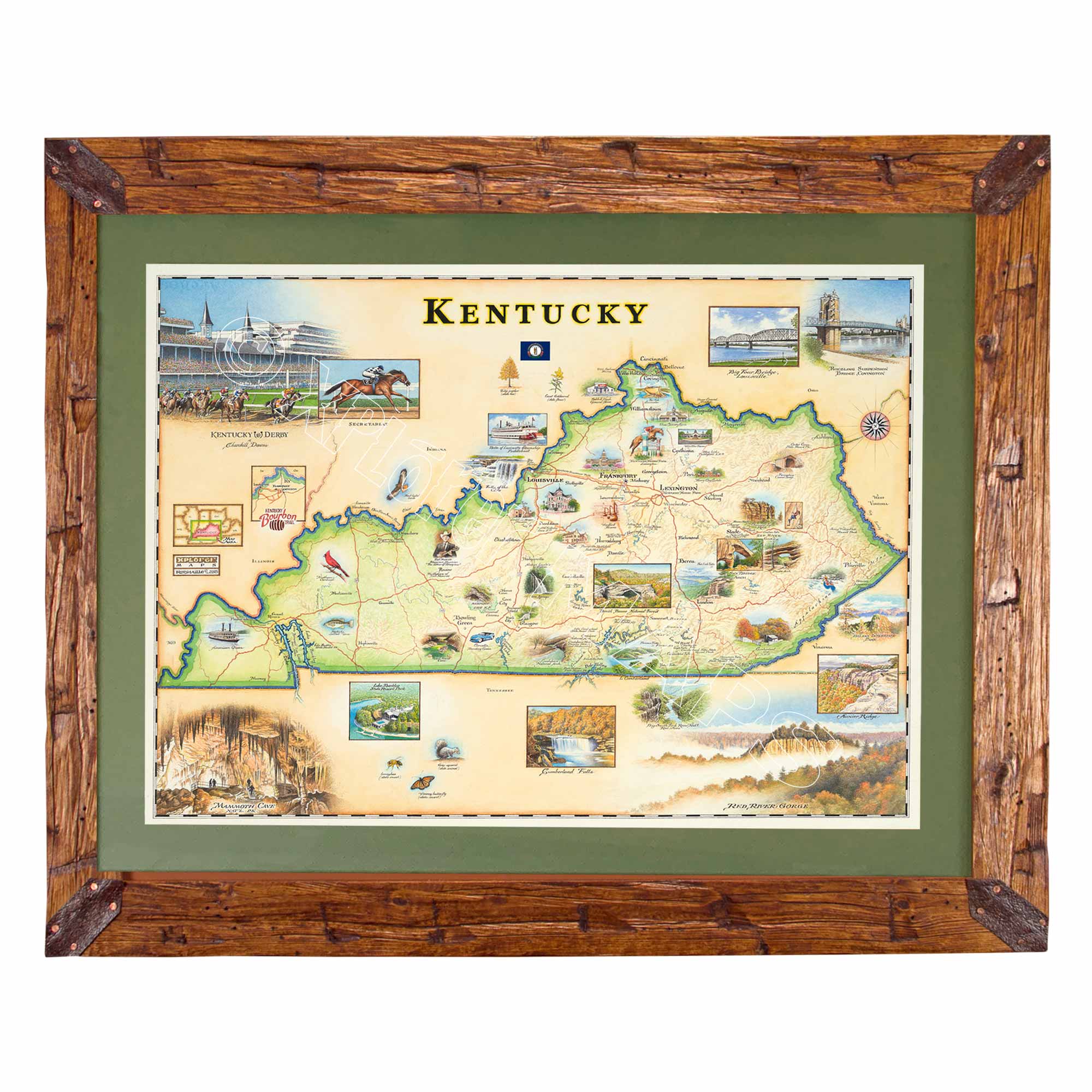 Kentucky State Hand-Drawn Map framed on white background