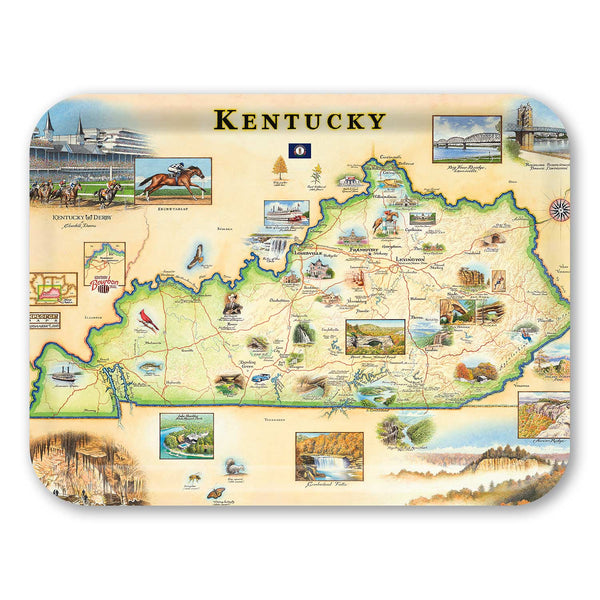 Large Serving Tray Map of Kentucky with various attractions and landmarks on a beige background
