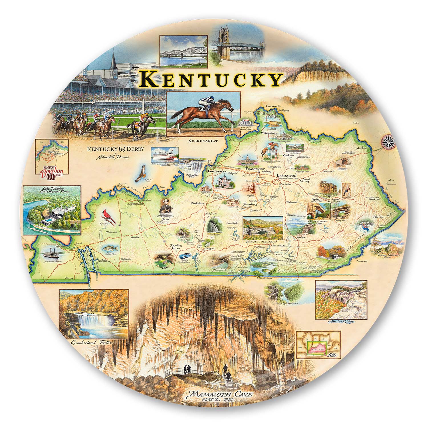 Round Serving Tray Map of Kentucky with various attractions and landmarks on a circular plate.