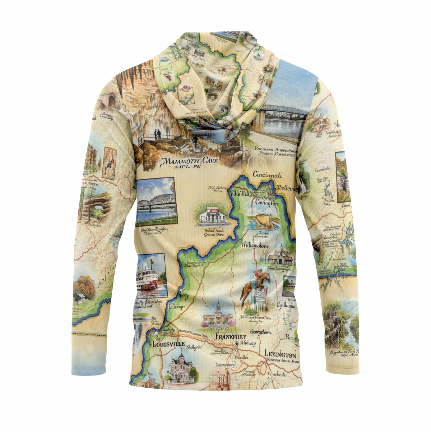 A hooded long-sleeve shirt with an all-over vintage-style map print featuring illustrated landmarks, rivers, and place names on a white background.