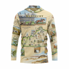 A long-sleeve hooded shirt featuring an all-over Kentucky map and equestrian theme print, with the word 'Kentucky' across the chest and small inset images of horses, racing, and landscapes.
