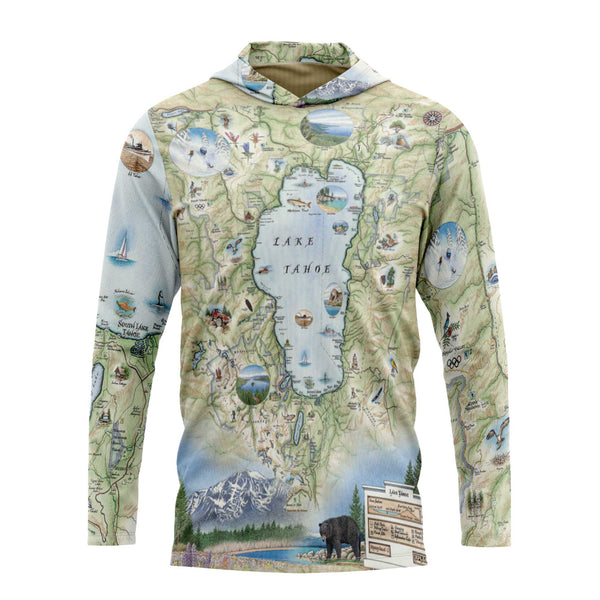 Front sun shirt hoodie with a detailed map of Lake Tahoe design on a white background