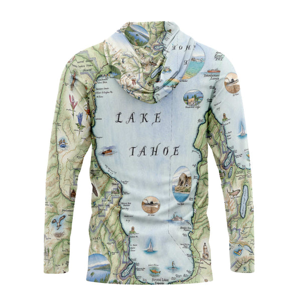 Back of sun shirt hoodie with Lake Tahoe map design on a white background