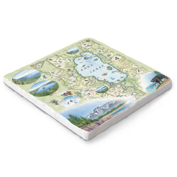Hand-drawn Lake Tahoe map on a 6x6 natural stone trivet by Xplorer Maps.