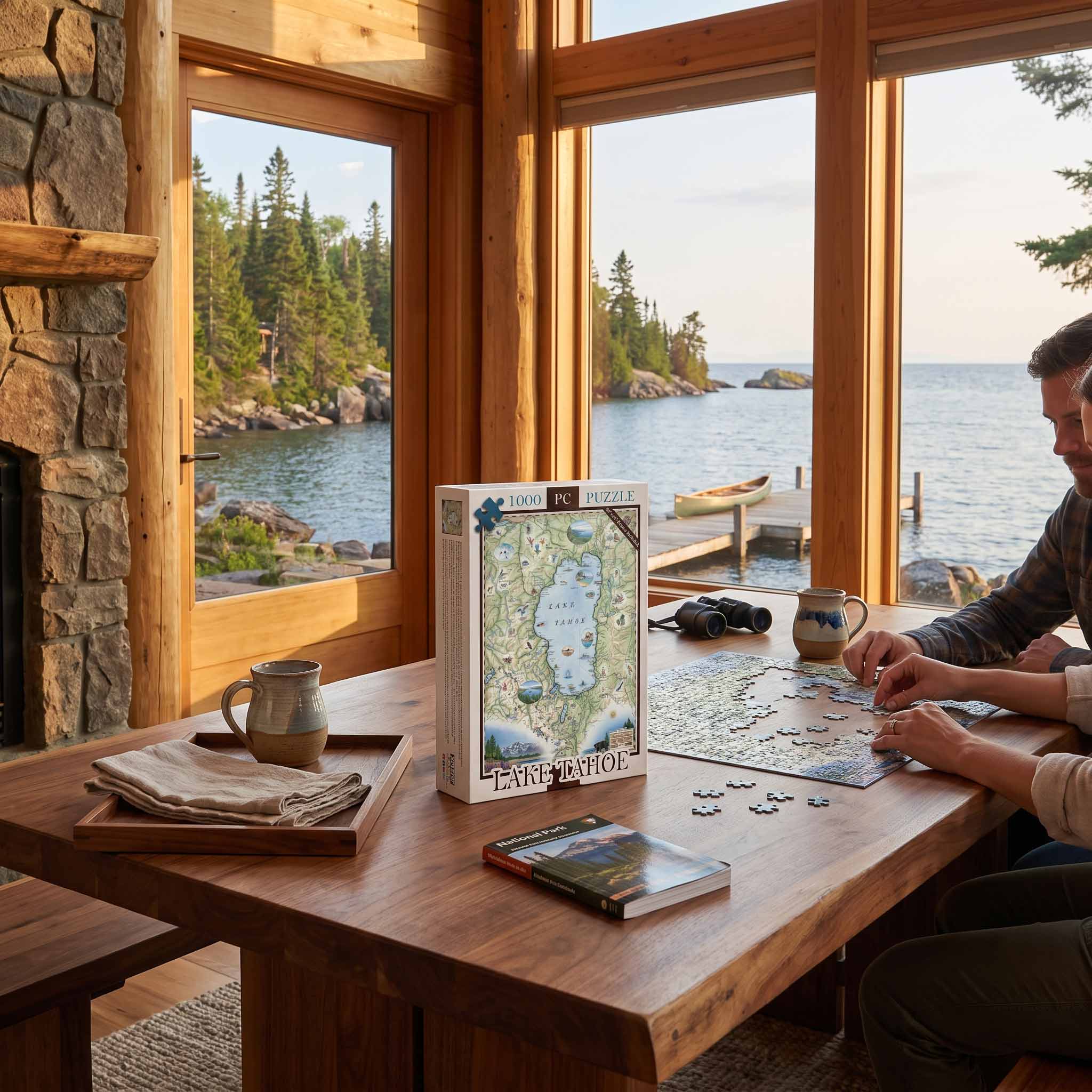 A man sits at a rustic wooden table in a cabin with large windows overlooking a lake and forest, working on a jigsaw puzzle. The completed puzzle box, titled 'The Painted Shore' by Kenzo, stands on the table next to the loose puzzle pieces.