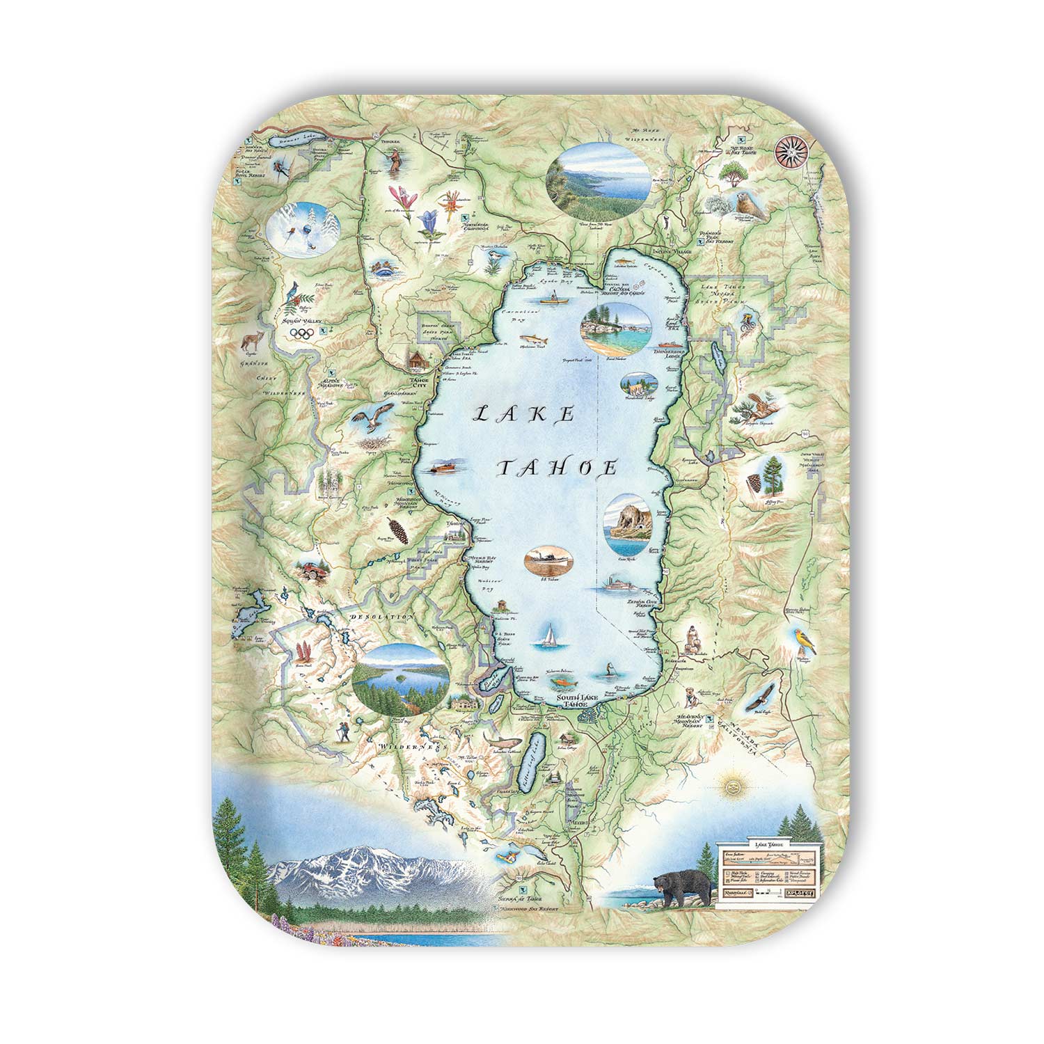 Serving tray Map of Lake Tahoe with various icons and illustrations on a white background