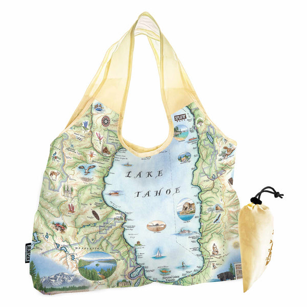 Lake Tahoe Map Pouch Tote Bag – Reusable, eco-friendly tote featuring a hand-illustrated map of Lake Tahoe, perfect for shopping, travel, and outdoor activities.