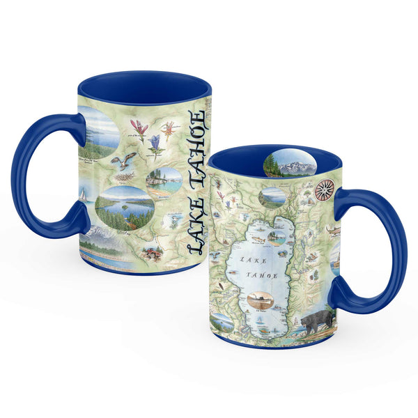 Blue 16 oz Lake Tahoe map ceramic coffee mug. The cup features bear, fish, Emerald Bay State Park, Spooner Lake, Cove Rock, and Thunderbird Lodge.