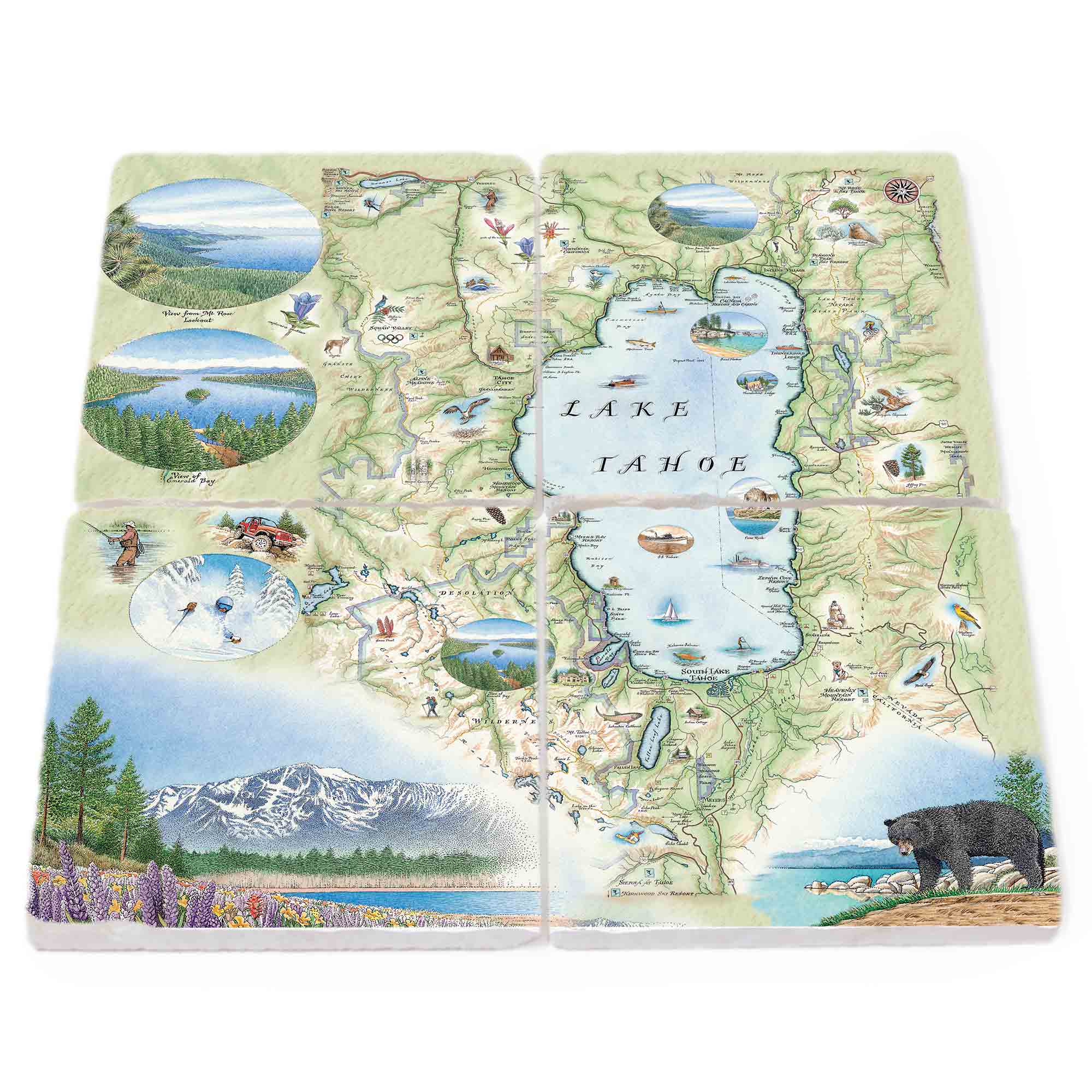 Lake Tahoe Map Stone Coaster Set of 4. Showcasing the beauty of the region with a black bear, majestic mountains, vibrant wildflowers, a scenic view of Emerald Bay, Squaw Valley, and activities like skiing and flyfishing. A stunning collection capturing the essence of Lake Tahoe.